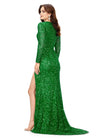Back. Emerald ASHLEYlauren ASHLEYlauren 11241 Fully Sequin Fitted Gown with Lace-Up Bustier, Long Sleeves, and Left Leg Slit