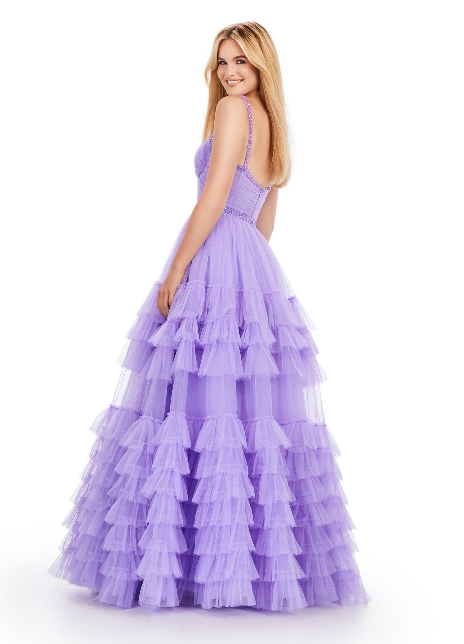 Back.Lilac ASHLEYlauren 11603 Spaghetti Strap Tulle Ball Gown with Tiered Skirt, Beaded Waist and Strap Accents, and Corset Bustier