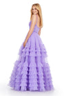 Back.Lilac ASHLEYlauren 11603 Spaghetti Strap Tulle Ball Gown with Tiered Skirt, Beaded Waist and Strap Accents, and Corset Bustier
