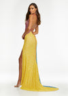 Back.Multi/Yellow ASHLEYlauren 11160 Sequin Gown with Spaghetti Straps, Colorblock Detailing, Left Leg Slit, and Two-Tone Lace-Up Strappy Back