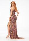 Back. ASHLEYlauren 11202 Fully Sequin One-Shoulder Gown with Asymmetrical Keyhole Neckline, Multi-Colored Dimensional Floral Motif, and Left Leg Slit