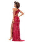 Back. ASHLEYlauren 11284 Red One Shoulder Fully Beaded Gown with Peacock Bead Pattern, Asymmetrical Lace Up Back, Left Leg Slit, and Sweep Train