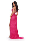 Back. ASHLEYlauren 11448 fuchsia fully beaded gown with spaghetti straps, corset bodice, thigh-high slit, and lace up back