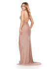 Back view. ASHLEYlauren 11448 nude fully beaded gown with spaghetti straps, corset bodice, thigh-high slit, and lace up back
