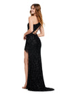 Back. ASHLEYlauren 11449 black one shoulder beaded gown with fringe-trimmed slit and lace up back