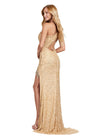 Back. ASHLEYlauren 11449 gold one shoulder beaded gown with fringe-trimmed slit and lace up back