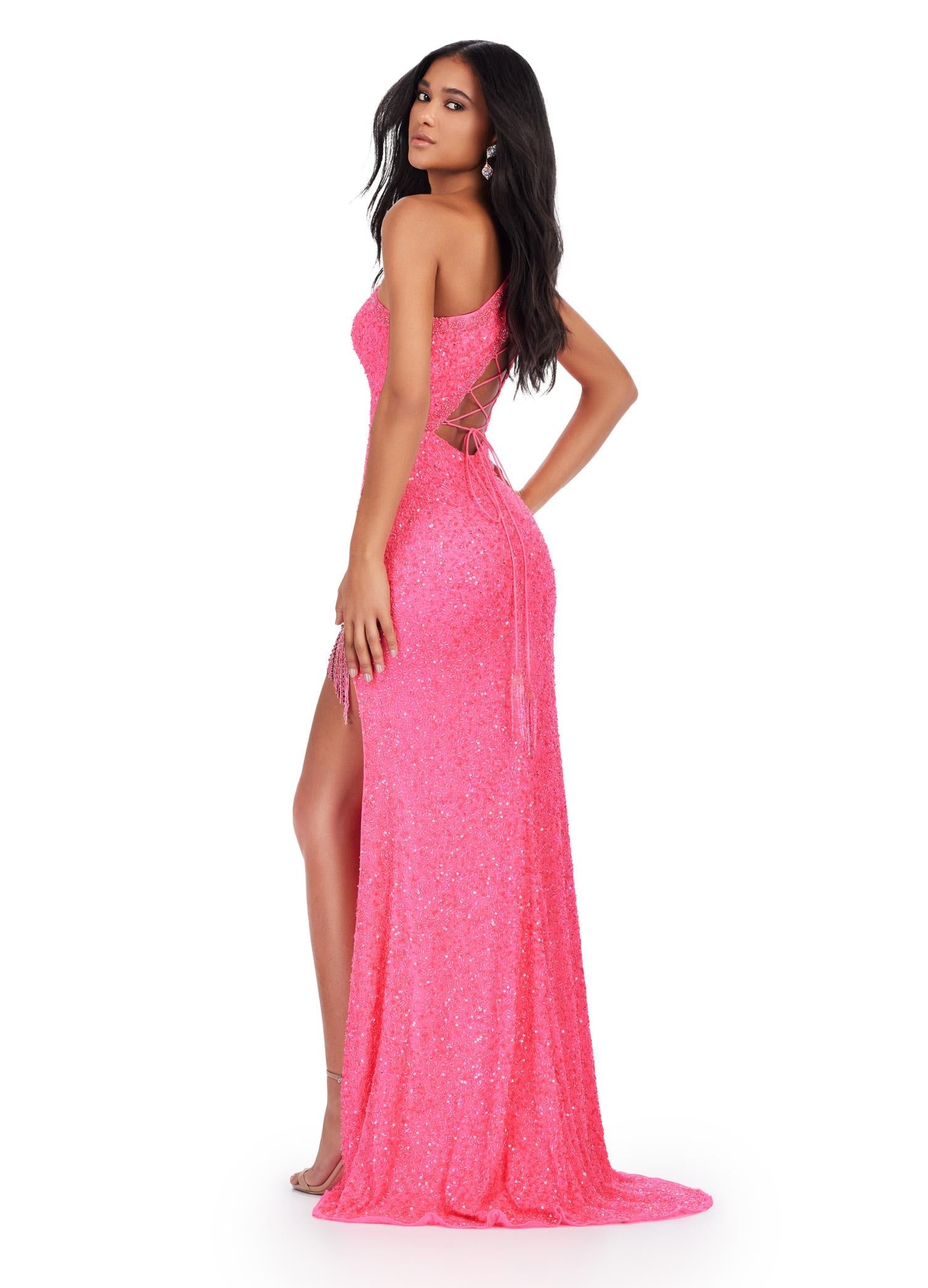 Back. ASHLEYlauren 11449 hot pink one shoulder beaded gown with fringe-trimmed slit and lace up back