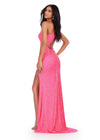 Back. ASHLEYlauren 11449 hot pink one shoulder beaded gown with fringe-trimmed slit and lace up back