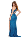 Back. ASHLEYlauren 11449 peacock one shoulder beaded gown with fringe-trimmed slit and lace up back