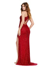Back. ASHLEYlauren 11449 red one shoulder beaded gown with fringe-trimmed slit and lace up back