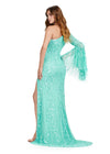 Back. ASHLEYlauren 11452 aqua one shoulder fully beaded gown with feather bell sleeve, left leg slit, and sweep train