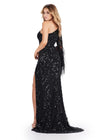Back. ASHLEYlauren 11452 black one shoulder fully beaded gown with feather bell sleeve, left leg slit, and sweep train