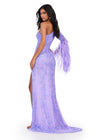 Back. ASHLEYlauren 11452 lilac one shoulder fully beaded gown with feather bell sleeve, left leg slit, and sweep train