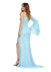 Back. ASHLEYlauren 11452 sky one shoulder fully beaded gown with feather bell sleeve, left leg slit, and sweep train