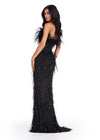 Back. ASHLEYlauren 11453 black strapless beaded gown with feather detailing and fitted silhouette