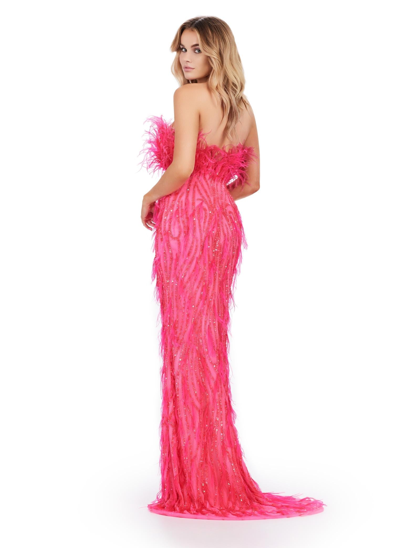 Back. ASHLEYlauren 11453 hot pink strapless beaded gown with feather detailing and fitted silhouette