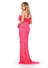Back. ASHLEYlauren 11453 hot pink strapless beaded gown with feather detailing and fitted silhouette