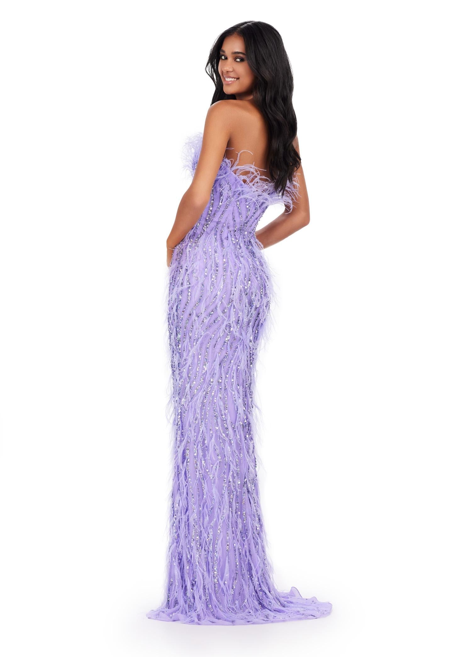 Back. ASHLEYlauren 11453 lilac strapless beaded gown with feather detailing and fitted silhouette