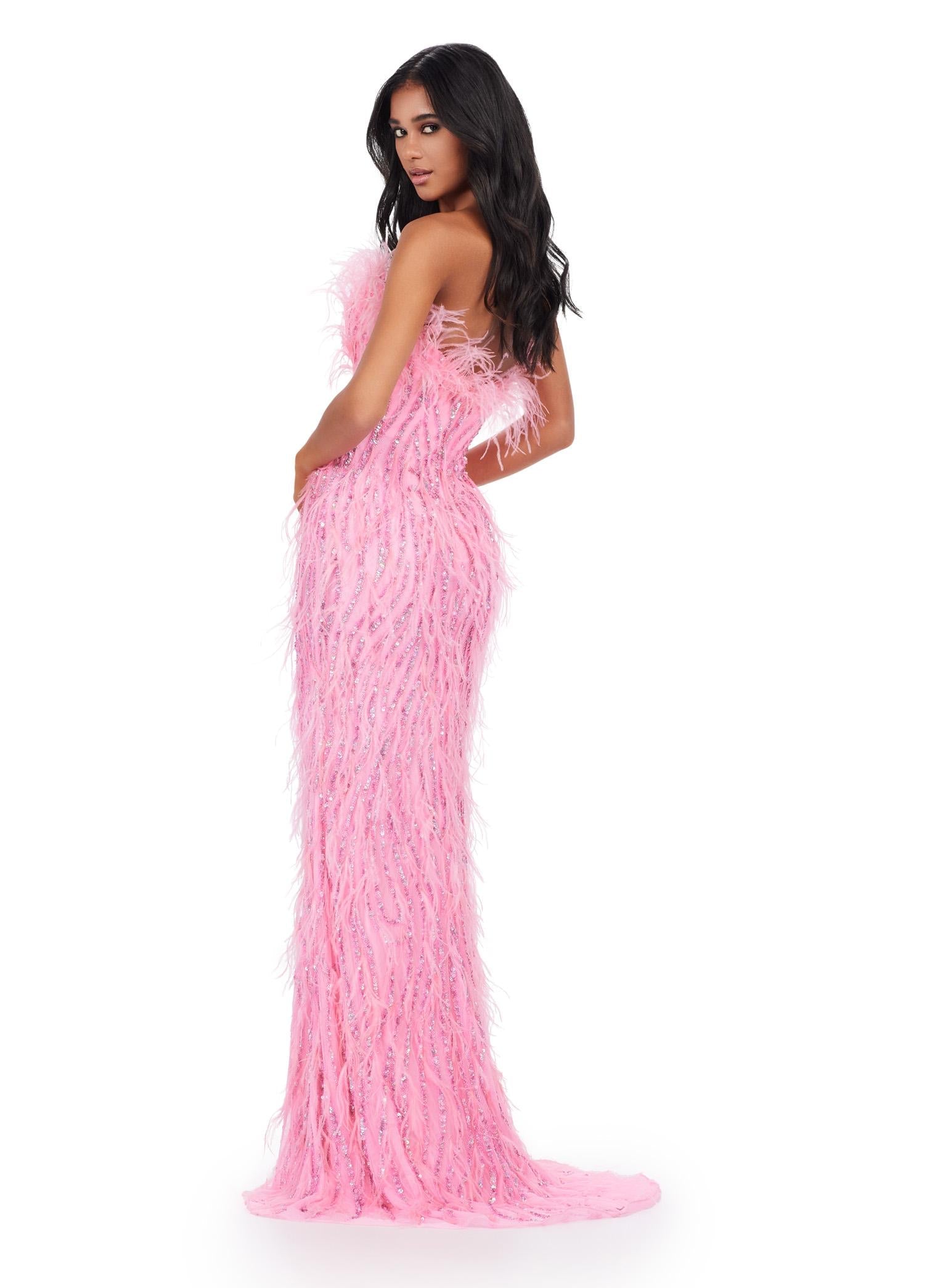 Back. ASHLEYlauren 11453 pink strapless beaded gown with feather detailing and fitted silhouette