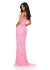 Back. ASHLEYlauren 11453 pink strapless beaded gown with feather detailing and fitted silhouette