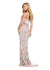 Back. ASHLEYlauren 11453 silver strapless beaded gown with feather detailing and fitted silhouette