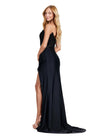 Back. ASHLEYlauren 11454 black one shoulder jersey gown with beaded bodice, ruched wrap skirt, and thigh-high slit