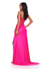 Back. ASHLEYlauren 11454 hot pink one shoulder jersey gown with beaded bodice, ruched wrap skirt, and thigh-high slit