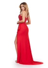 Back. ASHLEYlauren 11454 red one shoulder jersey gown with beaded bodice, ruched wrap skirt, and thigh-high slit