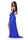 Back. ASHLEYlauren 11454 royal one shoulder jersey gown with beaded bodice, ruched wrap skirt, and thigh-high slit
