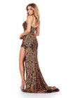 Back. ASHLEYlauren 11464 Bronze/Black fitted stretch sequin gown with corset bodice, deep illusion V-neckline, and thigh-high slit