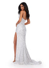 Back. ASHLEYlauren 11464 Silver/Ivory fitted stretch sequin gown with corset bodice, deep illusion V-neckline, and thigh-high slit