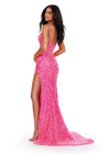 Back. ASHLEYlauren 11464 hot pink fitted stretch sequin gown with corset bodice, deep illusion V-neckline, and thigh-high slit