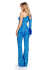 Back. ASHLEYlauren 11465 Turquoise/Royal one shoulder sequin jumpsuit with side waist cut out and feather cuff detail