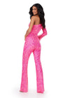 Back. ASHLEYlauren 11465 hot pink one shoulder sequin jumpsuit with side waist cut out and feather cuff detail