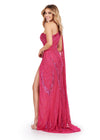 Back. ASHLEYlauren 11486 fuchsia One Shoulder Beaded Gown with Shoulder Cape and Leg Slit