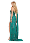 Back. ASHLEYlauren 11486 jade One Shoulder Beaded Gown with Shoulder Cape and Leg Slit