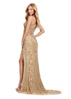 Back. ASHLEYlauren 11489 Gold Fully Beaded One Shoulder Gown with Asymmetric Cut Outs, Intricate Beaded Design, and Left Leg Slit