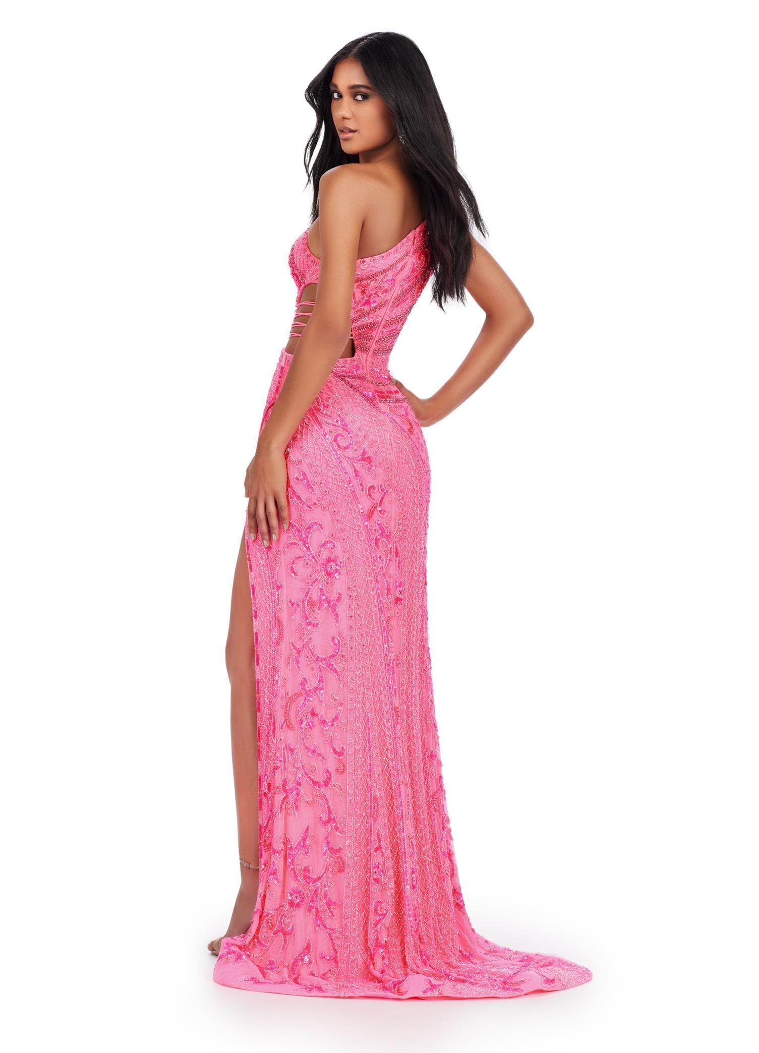 Back. ASHLEYlauren 11489 Hot Pink Fully Beaded One Shoulder Gown with Asymmetric Cut Outs, Intricate Beaded Design, and Left Leg Slit
