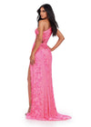 Back. ASHLEYlauren 11489 Hot Pink Fully Beaded One Shoulder Gown with Asymmetric Cut Outs, Intricate Beaded Design, and Left Leg Slit