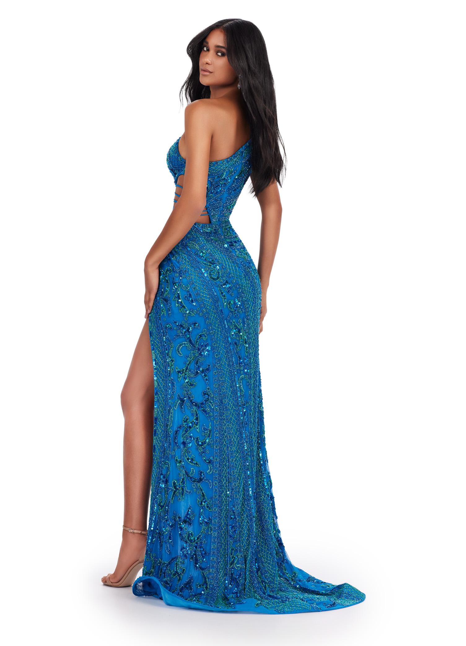 Back. ASHLEYlauren 11489 Peacock Fully Beaded One Shoulder Gown with Asymmetric Cut Outs, Intricate Beaded Design, and Left Leg Slit