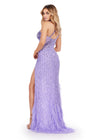 Back. ASHLEYlauren 11492 Lilac Fully Beaded One Shoulder Gown with Asymmetrical Bustier, Feather Accents, and Wrap Skirt
