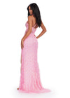 Back. ASHLEYlauren 11492 Pink Fully Beaded One Shoulder Gown with Asymmetrical Bustier, Feather Accents, and Wrap Skirt