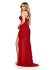Back. ASHLEYlauren 11492 Red Fully Beaded One Shoulder Gown with Asymmetrical Bustier, Feather Accents, and Wrap Skirt