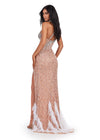 Back. ASHLEYlauren 11492 Silver Fully Beaded One Shoulder Gown with Asymmetrical Bustier, Feather Accents, and Wrap Skirt