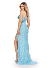 Back. ASHLEYlauren 11492 Sky Fully Beaded One Shoulder Gown with Asymmetrical Bustier, Feather Accents, and Wrap Skirt