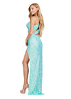 Back. ASHLEYlauren 11496 Aqua One Shoulder Fully Beaded Gown with Asymmetrical Cut Outs, Wrap Skirt, and Left Leg Slit