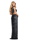 Back. ASHLEYlauren 11496 Black One Shoulder Fully Beaded Gown with Asymmetrical Cut Outs, Wrap Skirt, and Left Leg Slit