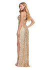 Back. ASHLEYlauren 11496 Gold One Shoulder Fully Beaded Gown with Asymmetrical Cut Outs, Wrap Skirt, and Left Leg Slit