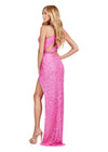 Back. ASHLEYlauren 11496 Pink One Shoulder Fully Beaded Gown with Asymmetrical Cut Outs, Wrap Skirt, and Left Leg Slit