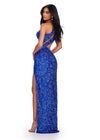Back. ASHLEYlauren 11496 Royal One Shoulder Fully Beaded Gown with Asymmetrical Cut Outs, Wrap Skirt, and Left Leg Slit